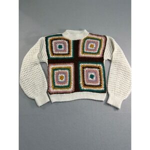 Zara Sweater Girls 13-14 Multicolor Crochet Granny Square Knit Boho Cream